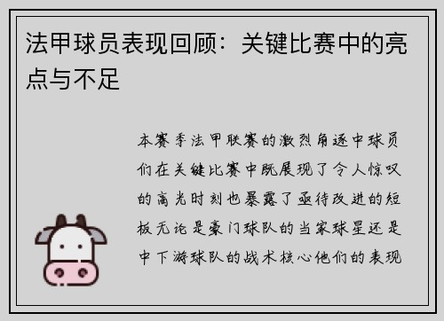 法甲球员表现回顾：关键比赛中的亮点与不足